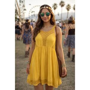 Anthropologie Lilka Crochet Lace Mustard Yellow Fairy Twee Dress Size Medium